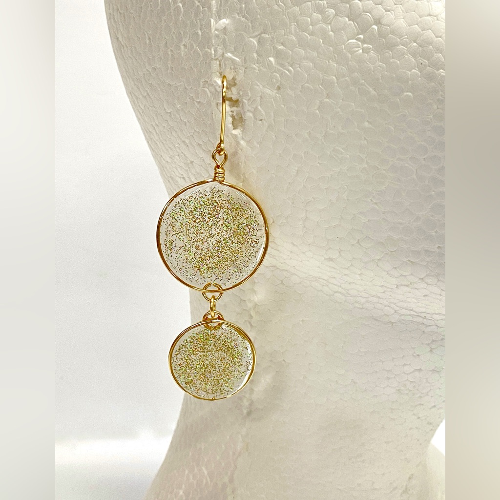 Handmade Double Dangle Iridescent Gold Resin Art Statement Earrings 31$